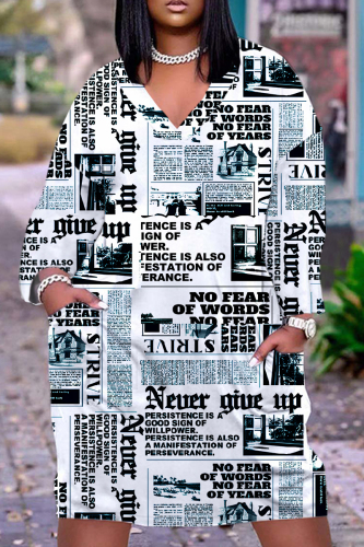 White Blue Graphics Print V Neck Long Sleeve Plus Size Loose Pockets Casual Outing Midi T-Shirt Dress