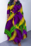 Multicolor Casual Graphics Print O Neck 3/4 Sleeve Belted Pockets Long Vacation Pleated Maxi Dresses
