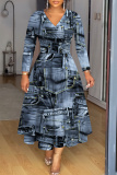 Multicolor Graphics Print V Neck Long Sleeve Long Casual A Line Maxi Dresses
