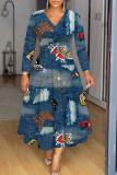 Multicolor Graphics Print V Neck Long Sleeve Long Casual A Line Maxi Dresses