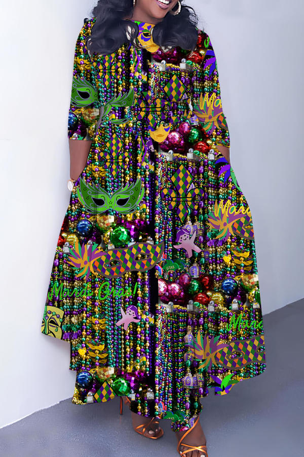 Multicolor Casual Graphics Print O Neck 3/4 Sleeve Belted Pockets Long Vacation Pleated Maxi Dresses