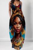 Milky African Figure Print Sleeveless Spaghetti Strap Pocket Casual Loose Maxi Slip Dresses