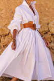 Pink Casual Solid Patchwork Buckle With Belt Turndown Collar Shirt Dress Dresses