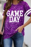 Red Shimmer Letter Print O Neck Short Sleeve Casual Oversize Graphics T-Shirts