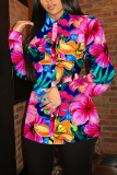 Rose Red Floral Print Buttons Turndown Collar Long Sleeve Casual Vacation Blouse