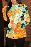 Rose Red Floral Print Buttons Turndown Collar Long Sleeve Casual Vacation Blouse