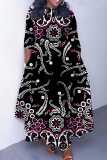Multicolor Casual Boho Graphics Print O Neck 3/4 Sleeve Belted Pockets Long Vacation Pleated Maxi Dresses
