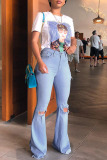Blue Denim Zipper Fly Button Fly Mid Hole Patchwork Boot Cut Pants