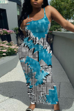 Dark Blue Graphics Print Sleeveless Backless Spaghetti Strap Summer Casual Outings Vacation Bodycon Maxi Slip Dress