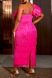 Rose Red Bow Decor Backless Oblique Collar Slit Fringed Trim Formal Evening Party Prom Bodycon Maxi Dresses