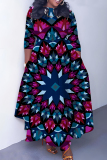 Multicolor Casual Boho Graphics Print O Neck 3/4 Sleeve Belted Pockets Long Vacation Pleated Maxi Dresses