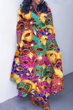 Multicolor Casual Graphics Print O Neck 3/4 Sleeve Belted Pockets Long Vacation Pleated Maxi Dresses