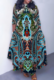 Multicolor Casual Boho Graphics Print O Neck 3/4 Sleeve Belted Pockets Long Vacation Pleated Maxi Dresses