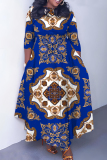 Multicolor Casual Boho Graphics Print O Neck 3/4 Sleeve Belted Pockets Long Vacation Pleated Maxi Dresses