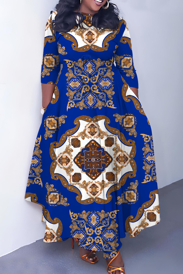 Multicolor Casual Boho Graphics Print O Neck 3/4 Sleeve Belted Pockets Long Vacation Pleated Maxi Dresses