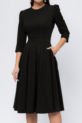 Black O Neck 3/4 Sleeve Long Formal Office Lady Pleated Midi Dresses