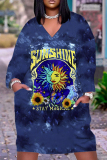 Apricot Graphics Print V Neck Long Sleeve Plus Size Loose Pockets Casual Outing Midi T-Shirt Dress