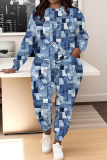Blue Graphics Print O Neck Long Sleeve Sweatshirt And Skinny Pants Sportwear Casual Two Pieces Tracksuit Sweatpants Set