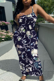 Dark Blue Graphics Print Sleeveless Backless Spaghetti Strap Summer Casual Outings Vacation Bodycon Maxi Slip Dress