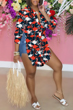 Navy Casual Graphics Print Long Sleeve Buttons Slit Turndown Collar Blouse Shirt Tops