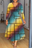 Multicolor Graphics Print V Neck Long Sleeve Long Casual A Line Maxi Dresses