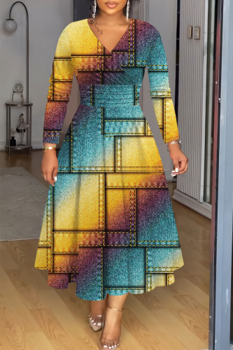 Multicolor Graphics Print V Neck Long Sleeve Long Casual A Line Maxi Dresses