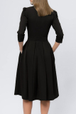 Black O Neck 3/4 Sleeve Long Formal Office Lady Pleated Midi Dresses