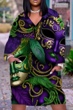 Dark Purple African Figure Print V Neck Long Sleeve Plus Size Loose Pockets Casual Outing Midi T-Shirt Dress