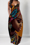 Milky African Figure Print Sleeveless Spaghetti Strap Pocket Casual Loose Maxi Slip Dresses
