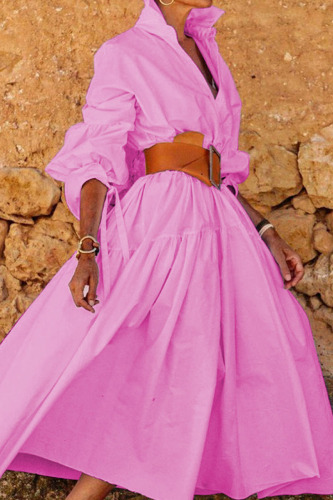 Pink Casual Solid Patchwork Buckle With Belt Turndown Collar Shirt Dress Dresses