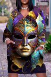 Dark Purple African Figure Print V Neck Long Sleeve Plus Size Loose Pockets Casual Outing Midi T-Shirt Dress
