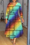 Multicolor Graphics Print V Neck Long Sleeve Long Casual A Line Maxi Dresses