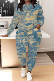 Blue Graphics Print O Neck Long Sleeve Sweatshirt And Skinny Pants Sportwear Casual Two Pieces Tracksuit Sweatpants Set