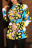 Rose Red Floral Print Buttons Turndown Collar Long Sleeve Casual Vacation Blouse