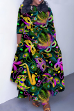Multicolor Casual Graphics Print O Neck 3/4 Sleeve Belted Pockets Long Vacation Pleated Maxi Dresses