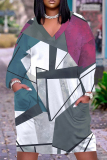 Apricot Graphics Print V Neck Long Sleeve Plus Size Loose Pockets Casual Outing Midi T-Shirt Dress