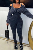 Dark Grey Spaghetti Strap Dropped Shoulder Long Sleeve Casual Outing Bodycon Jumpsuits