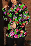 Rose Red Floral Print Buttons Turndown Collar Long Sleeve Casual Vacation Blouse