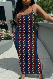 Dark Blue Graphics Print Sleeveless Backless Spaghetti Strap Summer Casual Outings Vacation Bodycon Maxi Slip Dress