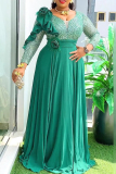 Champagne Flower Shape V Neck 3/4 Sleeve Long Plus Size Formal Evening Party Pleated Glitter Prom Ruched Maxi Dresses