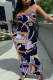 Dark Blue Graphics Print Sleeveless Backless Spaghetti Strap Summer Casual Outings Vacation Bodycon Maxi Slip Dress