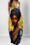 Milky African Figure Print Sleeveless Spaghetti Strap Pocket Casual Loose Maxi Slip Dresses