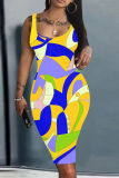Orange Graphics Print Sleeveless U Neck Casual Outing Plus Size Vest Midi Dresses
