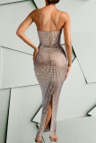 Pink Hot Drilling Backless Sleeveless Slit Formal Evening Party Prom Bodycon Shimmer Maxi Dress