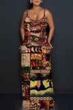 Multicolor Graphics Print Sleeveless Backless Spaghetti Strap Floor Length Casual Outing Straight Loose Floral Maxi Slip Dress
