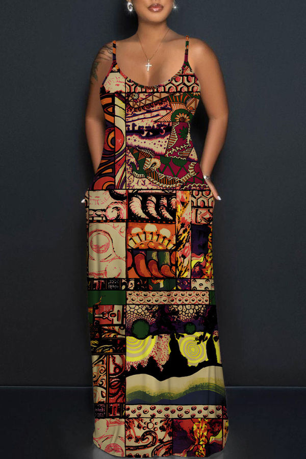 Multicolor Graphics Print Sleeveless Backless Spaghetti Strap Floor Length Casual Outing Straight Loose Floral Maxi Slip Dress