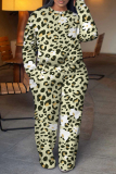 Mustard Yellow Leopard Print Round Neck Long Sleeve Sweatshirt and Sweatpants Fall Winter Two Pieces Sweatsuits Sets