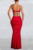 Red Hot Drill Hollow Out Backless Spaghetti Strap Formal Evening Party Prom Wedding Guest Bodycon Maxi Dresses