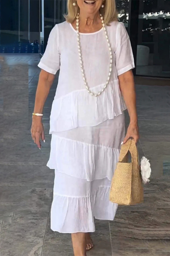 White O Neck Short Sleeve Ruffle Hem Stringy Selvedge Casual Cotton Linen Midi Dresses