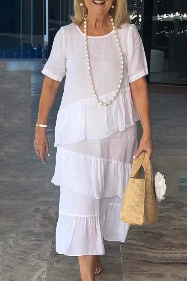 White O Neck Short Sleeve Ruffle Hem Stringy Selvedge Casual Cotton Linen Midi Dresses